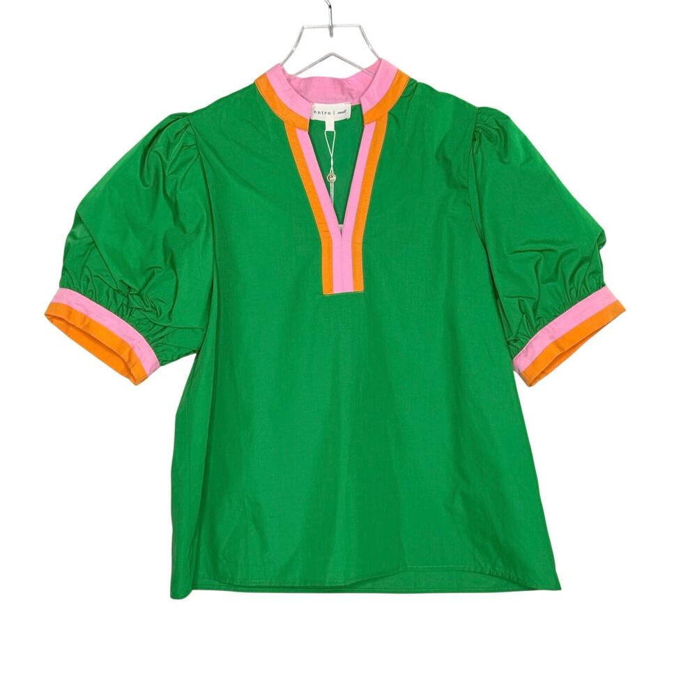 Entro The Elise Top S NEW Green Short Sleeve Pink Orange Colorblock Trim